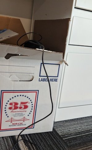 Professional movers carefully packing a client's belongings in a modern apartment.